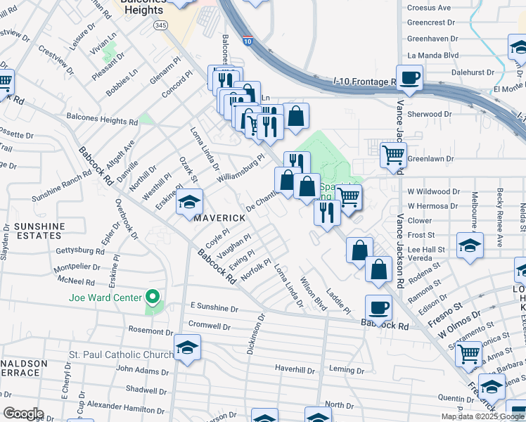 map of restaurants, bars, coffee shops, grocery stores, and more near 170 De Chantle Road in San Antonio