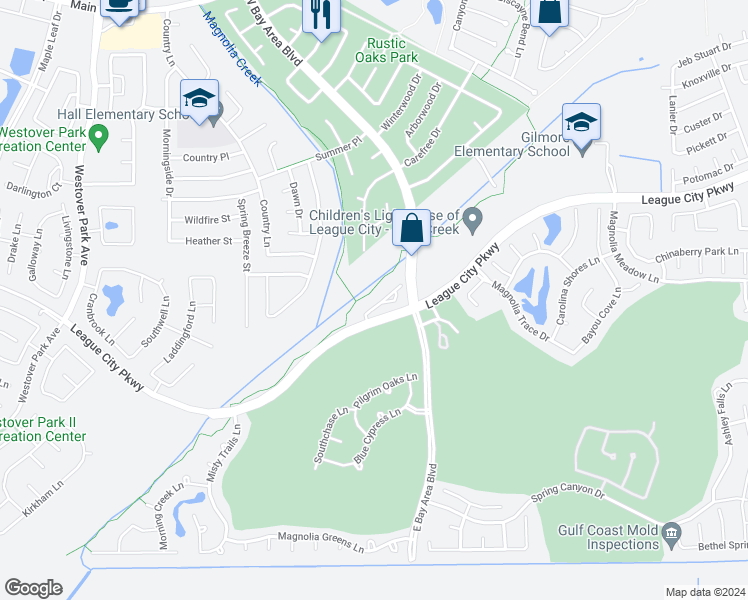 map of restaurants, bars, coffee shops, grocery stores, and more near 5222 Cottonwood Creek Lane in League City