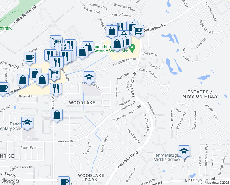 map of restaurants, bars, coffee shops, grocery stores, and more near in San Antonio