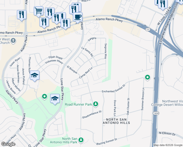 map of restaurants, bars, coffee shops, grocery stores, and more near Lugo Way in San Antonio
