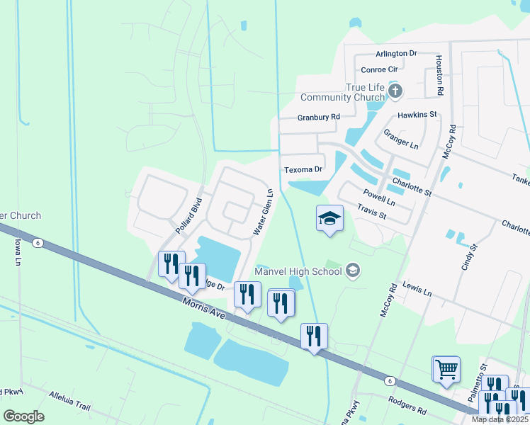 map of restaurants, bars, coffee shops, grocery stores, and more near 7526 Water Glen Lane in Manvel