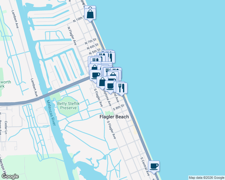 map of restaurants, bars, coffee shops, grocery stores, and more near 414 South Central Avenue in Flagler Beach