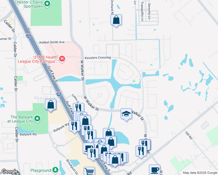 map of restaurants, bars, coffee shops, grocery stores, and more near 2576 Eli Way in League City