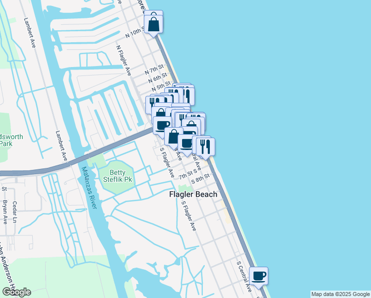 map of restaurants, bars, coffee shops, grocery stores, and more near 209 South 4th Street in Flagler Beach
