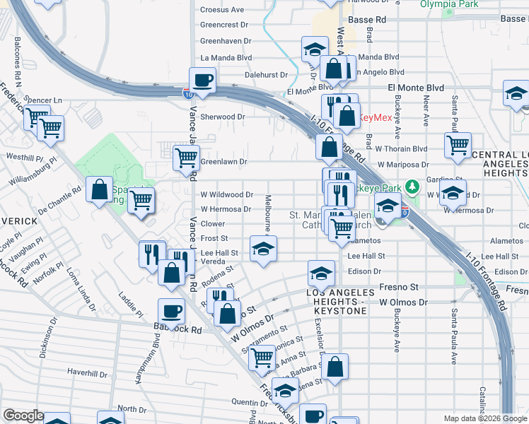 map of restaurants, bars, coffee shops, grocery stores, and more near 2201 Clower in San Antonio