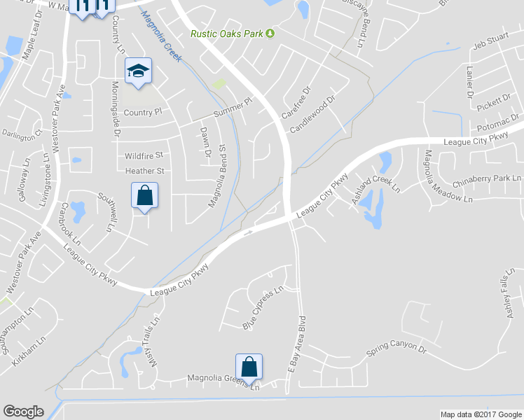 map of restaurants, bars, coffee shops, grocery stores, and more near 5220 Cottonwood Creek Lane in League City