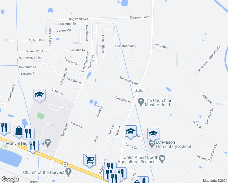 map of restaurants, bars, coffee shops, grocery stores, and more near 7103 Charlotte Street in Manvel