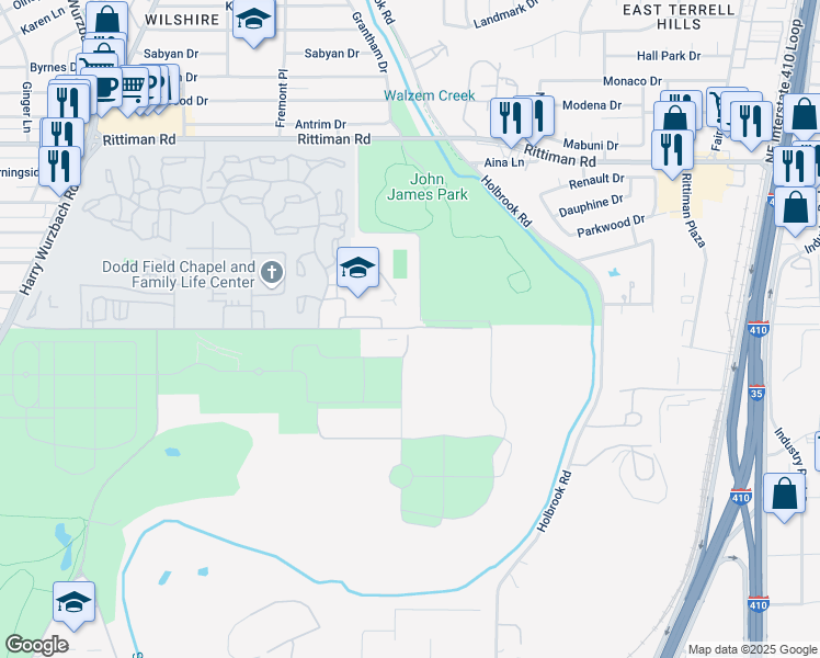 map of restaurants, bars, coffee shops, grocery stores, and more near 1900 Winans Road in San Antonio