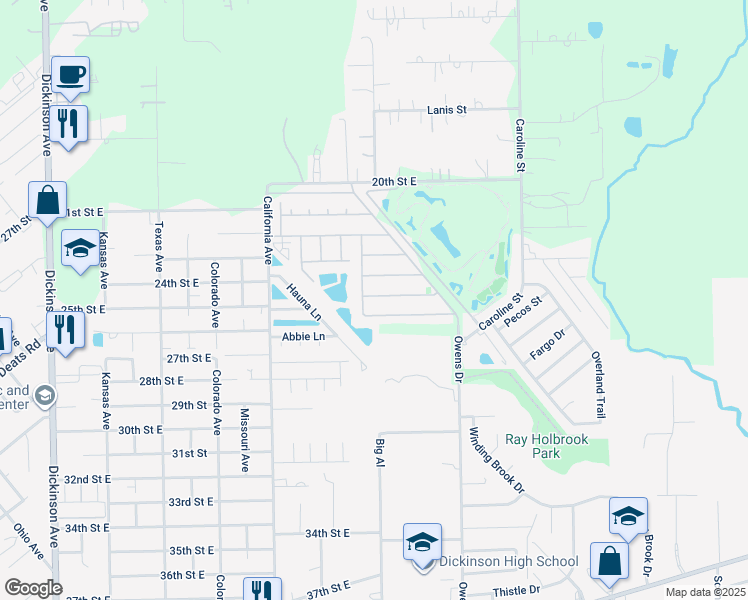 map of restaurants, bars, coffee shops, grocery stores, and more near 5134 Martinique Calle in Dickinson