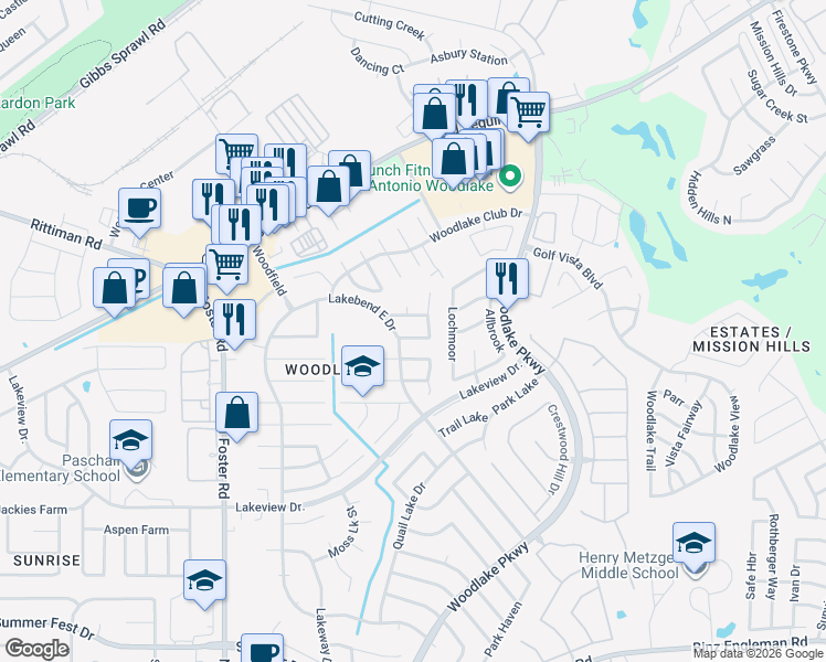 map of restaurants, bars, coffee shops, grocery stores, and more near 6914 Moon Lake Drive in San Antonio