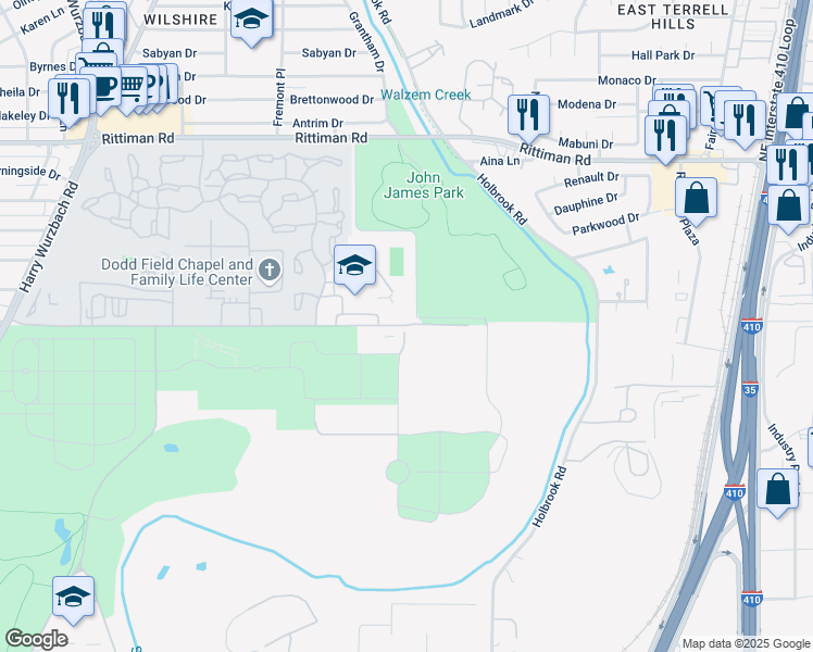 map of restaurants, bars, coffee shops, grocery stores, and more near 4050 Winans Road in San Antonio