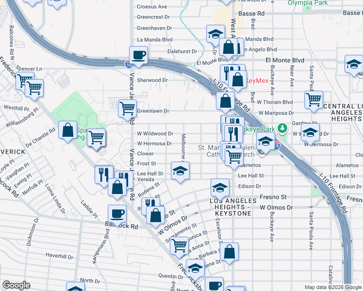 map of restaurants, bars, coffee shops, grocery stores, and more near 2201 Clower in San Antonio
