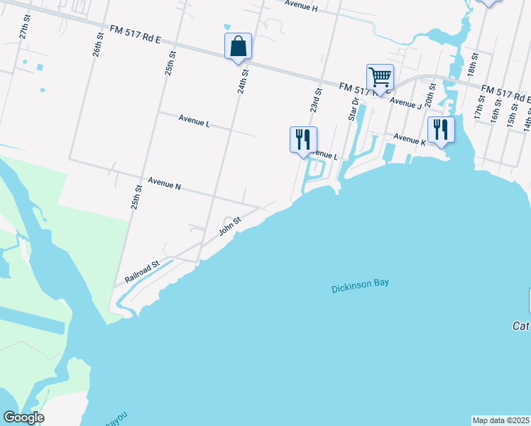map of restaurants, bars, coffee shops, grocery stores, and more near 1403 John Street in San Leon