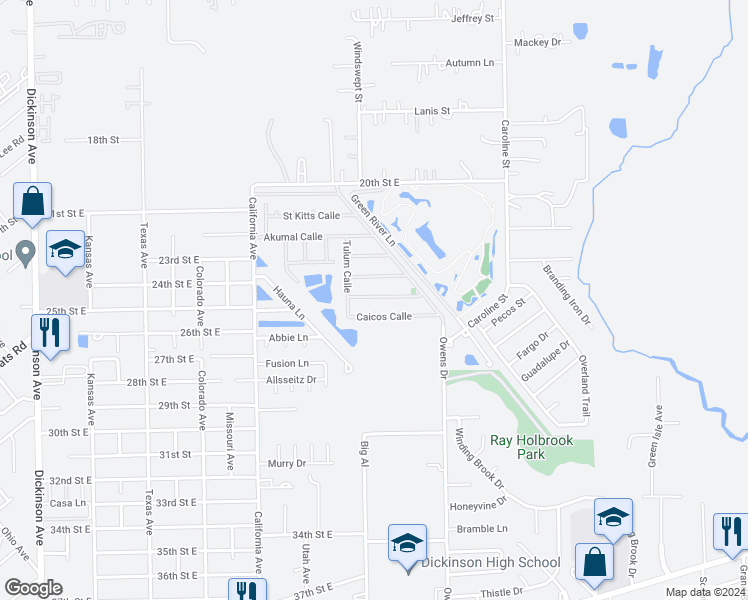 map of restaurants, bars, coffee shops, grocery stores, and more near 5134 Martinique Calle in Dickinson