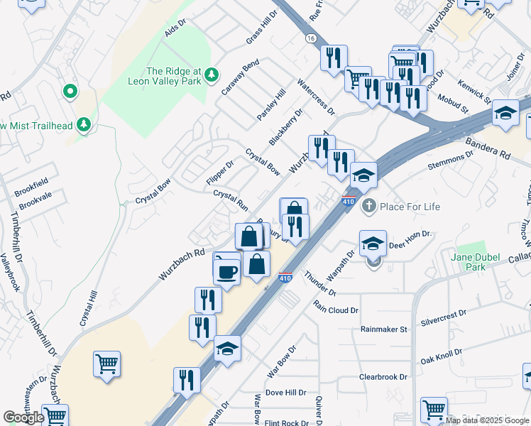 map of restaurants, bars, coffee shops, grocery stores, and more near 6202 Roxbury Drive in San Antonio