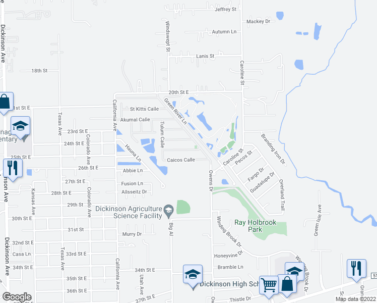 map of restaurants, bars, coffee shops, grocery stores, and more near 5132 Martinique Calle in Dickinson