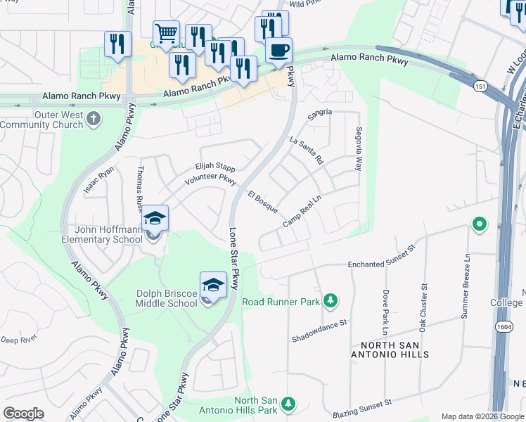 map of restaurants, bars, coffee shops, grocery stores, and more near 4715 Lone Star Parkway in San Antonio