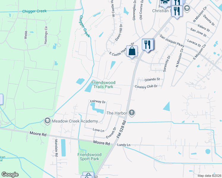 map of restaurants, bars, coffee shops, grocery stores, and more near 1 Country Club Drive in Friendswood