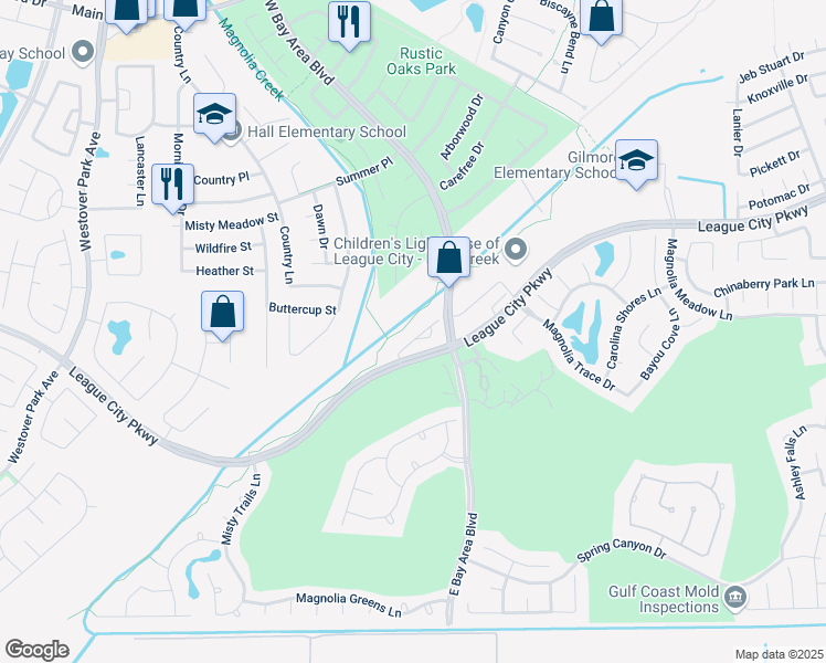 map of restaurants, bars, coffee shops, grocery stores, and more near 5218 Cottonwood Creek Lane in League City