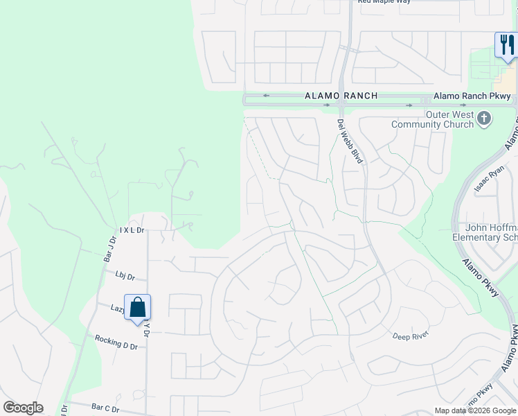 map of restaurants, bars, coffee shops, grocery stores, and more near 4507 Cropland Way in San Antonio