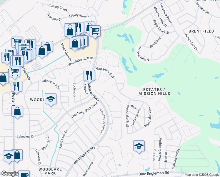 map of restaurants, bars, coffee shops, grocery stores, and more near 5602 Golf Mist in San Antonio
