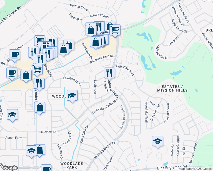 map of restaurants, bars, coffee shops, grocery stores, and more near 5513 Allbrook in San Antonio
