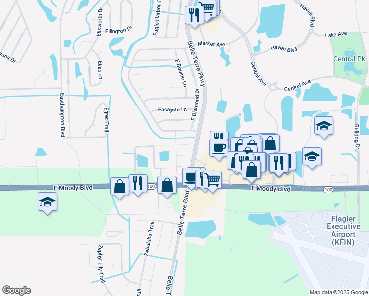 map of restaurants, bars, coffee shops, grocery stores, and more near 7 Easton Place in Palm Coast