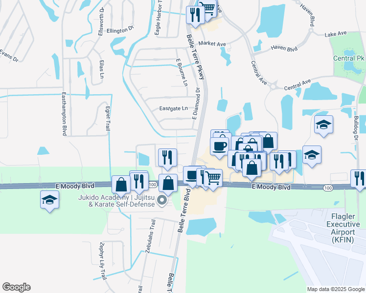 map of restaurants, bars, coffee shops, grocery stores, and more near 7 Easton Place in Palm Coast