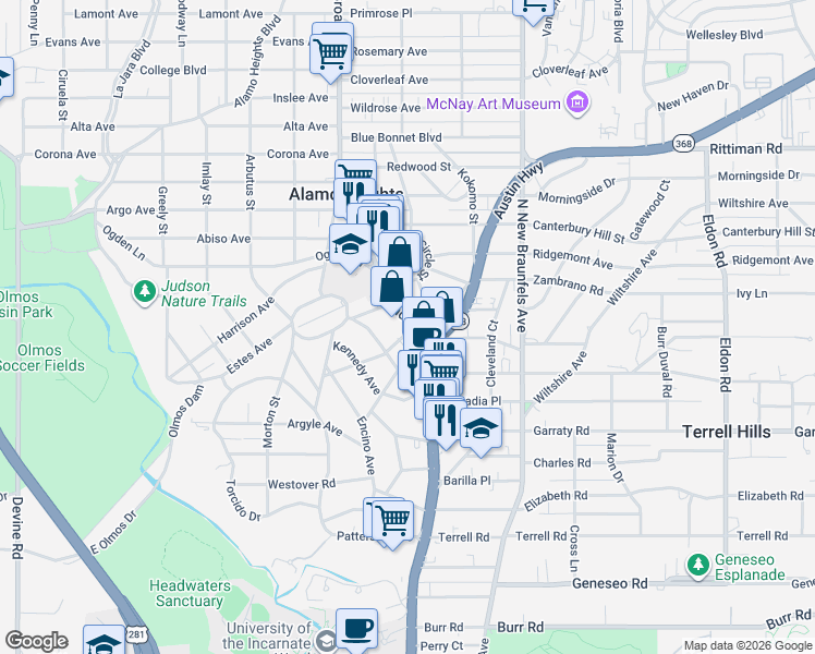 map of restaurants, bars, coffee shops, grocery stores, and more near 131 Saint Dennis Avenue in Alamo Heights