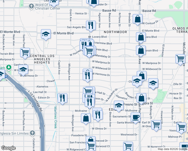 map of restaurants, bars, coffee shops, grocery stores, and more near 843 Clower in San Antonio