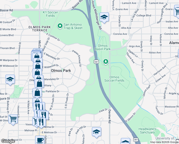map of restaurants, bars, coffee shops, grocery stores, and more near 715 East Contour Drive in Olmos Park