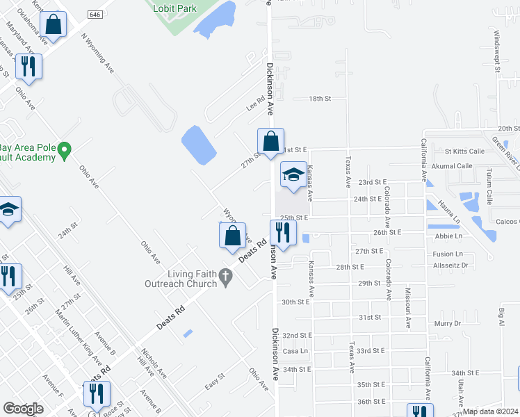 map of restaurants, bars, coffee shops, grocery stores, and more near 2402 Dickinson Avenue in Dickinson