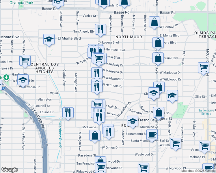 map of restaurants, bars, coffee shops, grocery stores, and more near 843 Clower in San Antonio