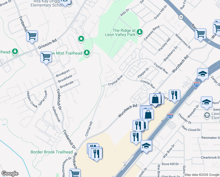 map of restaurants, bars, coffee shops, grocery stores, and more near 6602 Burton Bay in San Antonio