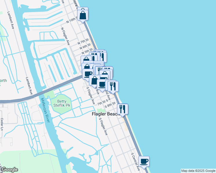 map of restaurants, bars, coffee shops, grocery stores, and more near 104 6th Street South in Flagler Beach