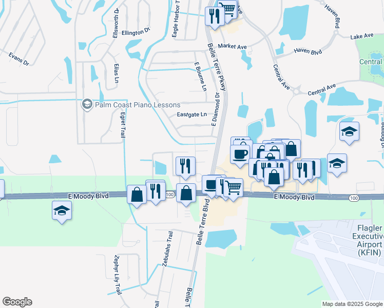 map of restaurants, bars, coffee shops, grocery stores, and more near 8 Easterly Place in Palm Coast