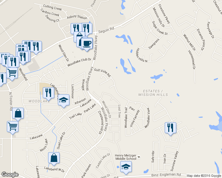 map of restaurants, bars, coffee shops, grocery stores, and more near 7319 Golf Vista Boulevard in San Antonio