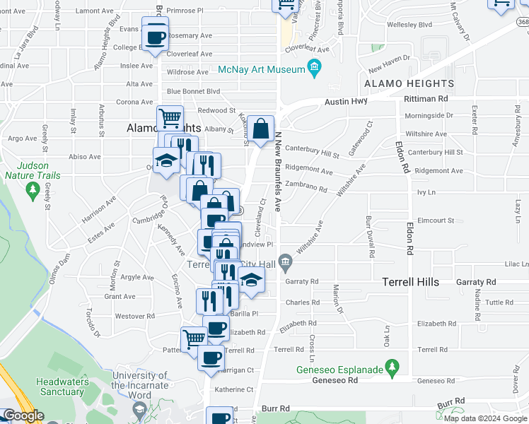 map of restaurants, bars, coffee shops, grocery stores, and more near 207 Chichester Place in San Antonio