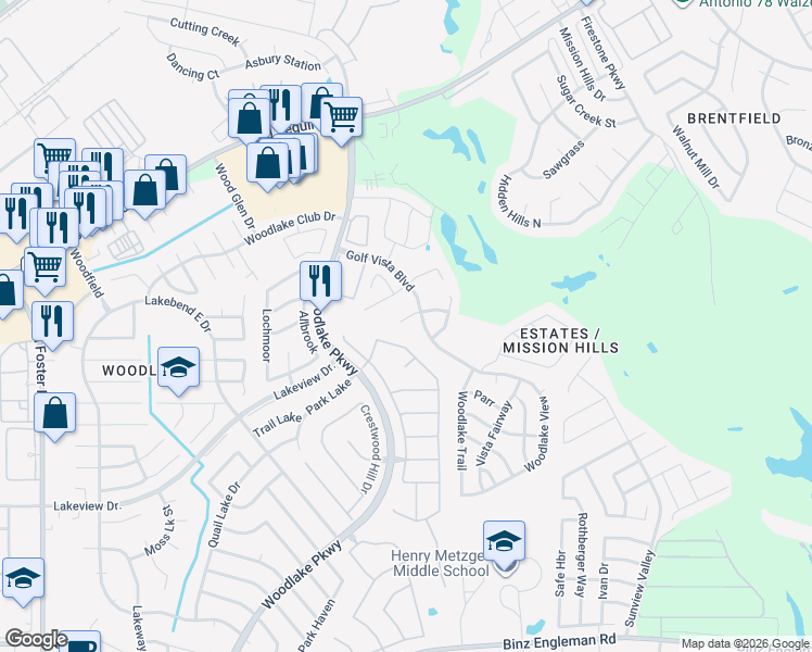 map of restaurants, bars, coffee shops, grocery stores, and more near 7319 Golf Vista Boulevard in San Antonio