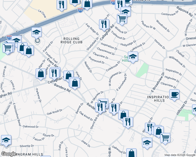 map of restaurants, bars, coffee shops, grocery stores, and more near 102 Colebrook Drive in San Antonio