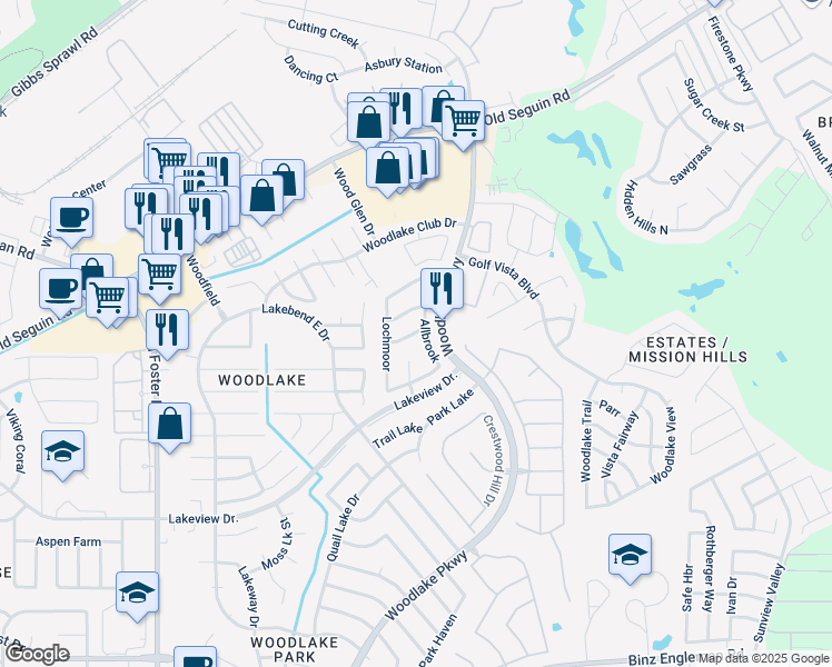 map of restaurants, bars, coffee shops, grocery stores, and more near 7024 Silver Canyon Drive in San Antonio