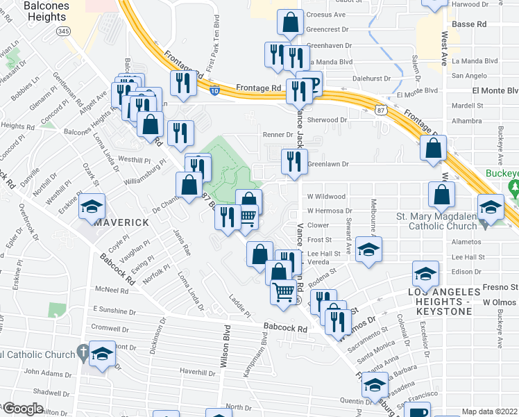 map of restaurants, bars, coffee shops, grocery stores, and more near 1400 Gardina in San Antonio