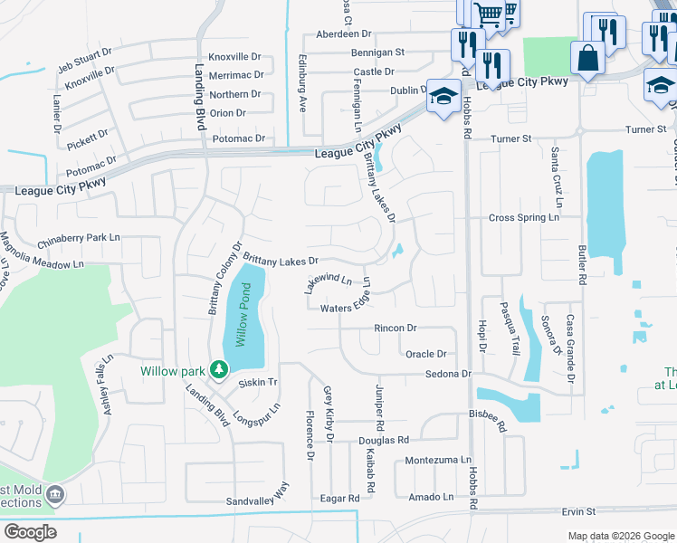 map of restaurants, bars, coffee shops, grocery stores, and more near 2120 Lakewind Court in League City