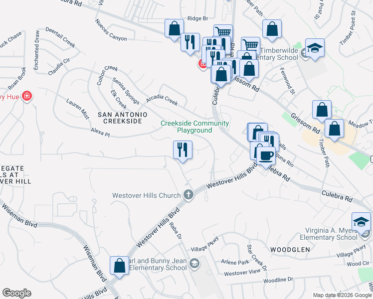 map of restaurants, bars, coffee shops, grocery stores, and more near 4502 Del Mar Trail in San Antonio