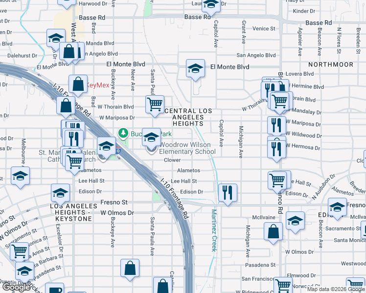 map of restaurants, bars, coffee shops, grocery stores, and more near 1335 Clower in San Antonio