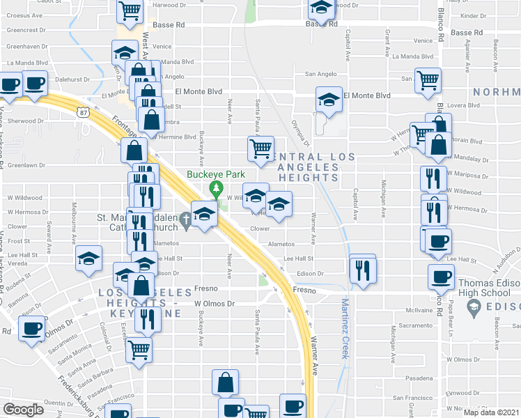 map of restaurants, bars, coffee shops, grocery stores, and more near 1439 West Hermosa Drive in San Antonio