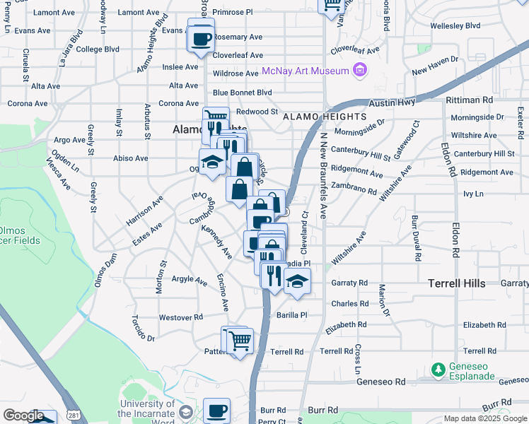 map of restaurants, bars, coffee shops, grocery stores, and more near 5500 Broadway in Alamo Heights