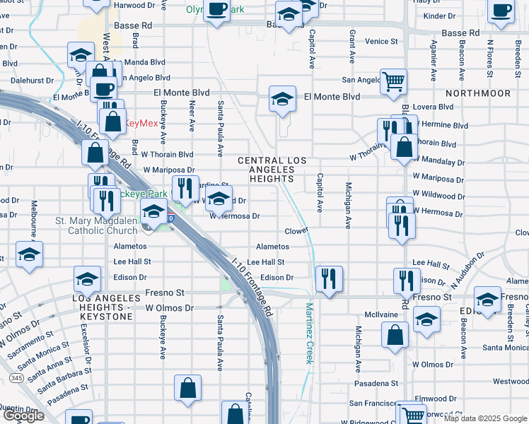 map of restaurants, bars, coffee shops, grocery stores, and more near 1335 Clower in San Antonio