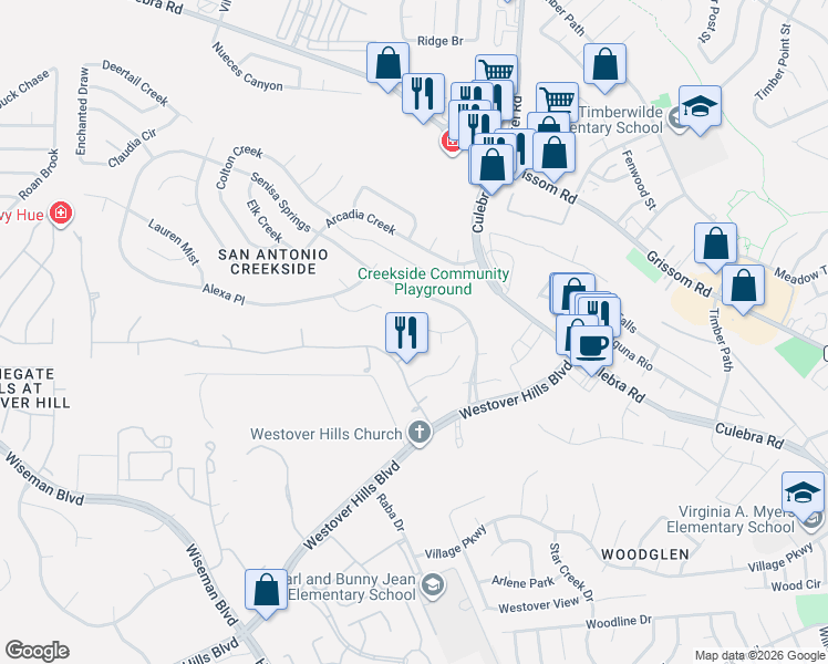 map of restaurants, bars, coffee shops, grocery stores, and more near 4502 Del Mar Trail in San Antonio