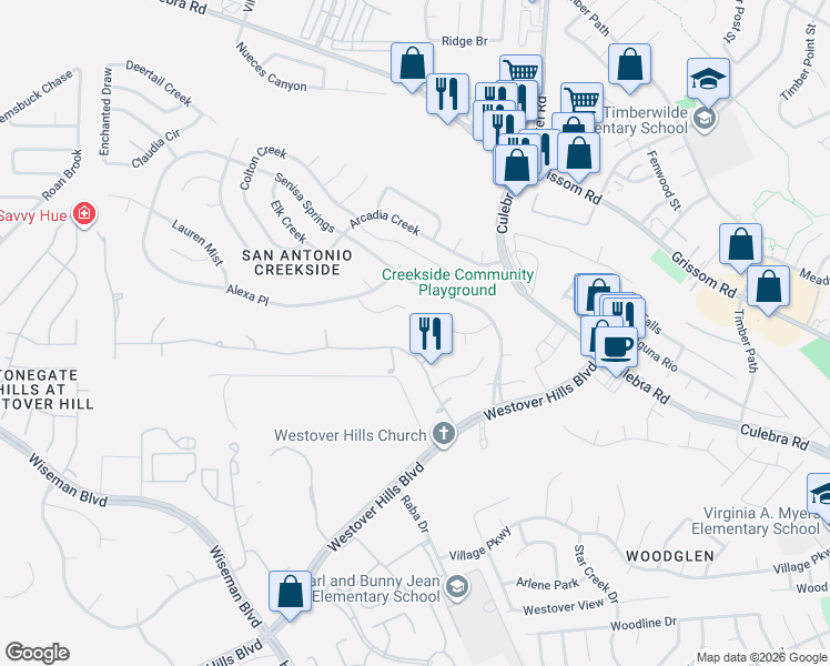 map of restaurants, bars, coffee shops, grocery stores, and more near 4502 Del Mar Trail in San Antonio